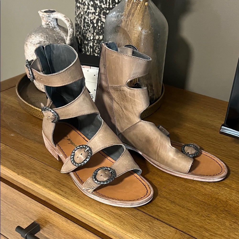 Free People Tan Leather Buckle Sandals